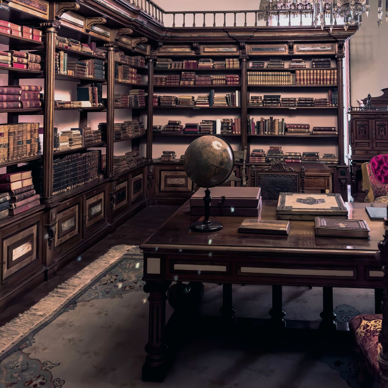 Antique academic library with floor-to-ceiling bookshelves and a wooden globe
